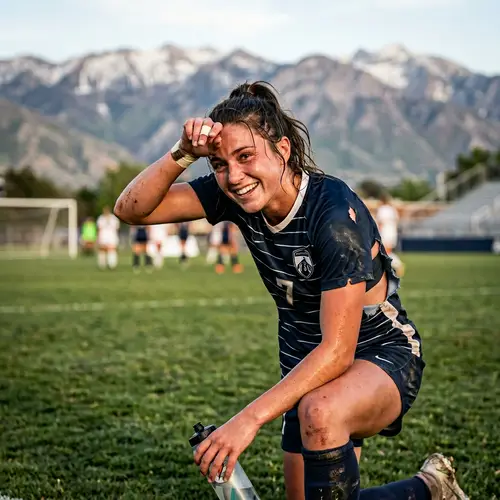 Sweaty Female Soccer Player in Scenic Mountains