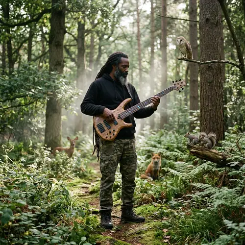 Mystical Forest Musician with Bass Guitar | Enchanting Scene
