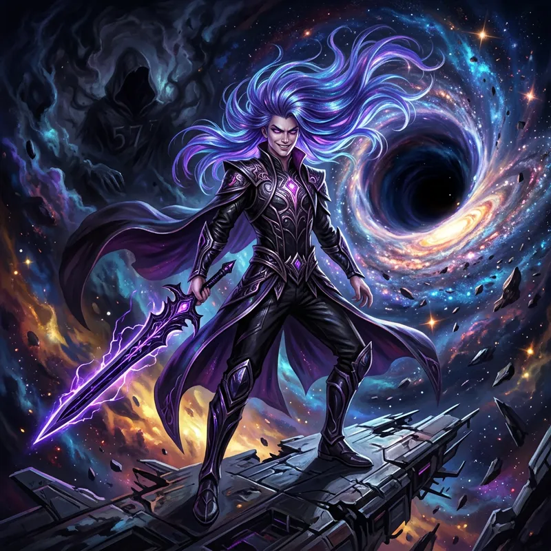 Galactic Anti-Hero with Blue-Purple Hair | Villain Art Galactic Anti-Hero with Blue-Purple Hair | Villain Art