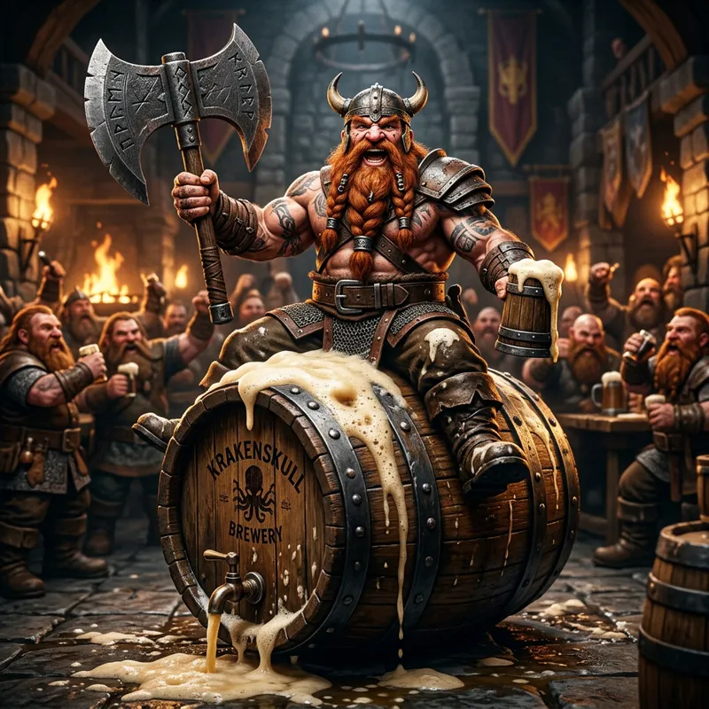 Muscular Dwarf on Foaming Beer Barrel with Iron Axe