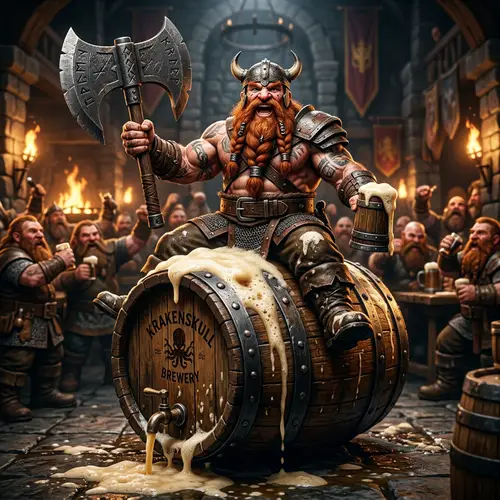 Muscular Dwarf with Iron Axe on Foaming Beer Barrel