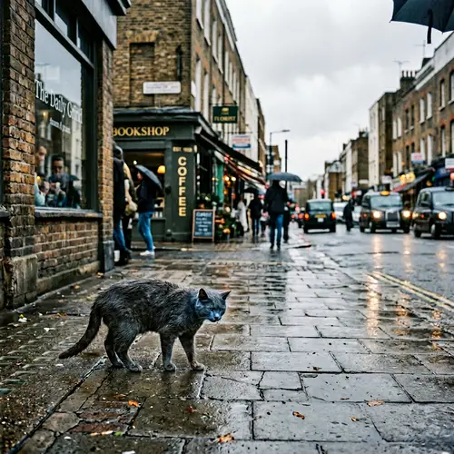 Sad Blue Cat Walking Down the Street