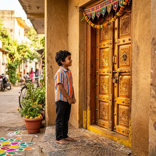 Brightly Lit Wooden Door with Expectant South Asian Boy