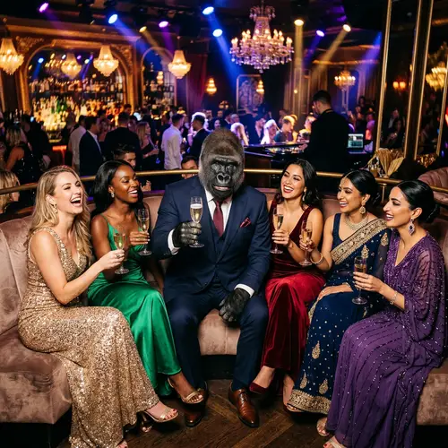 Elegant Gorilla in Tailored Suit Surrounded by Diverse Glamorous Women in Luxurious Club