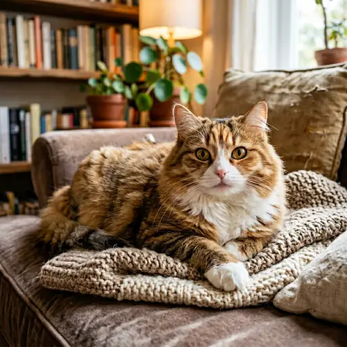 Chubby Cat in Cozy Environment with Striking, Wide Eyes