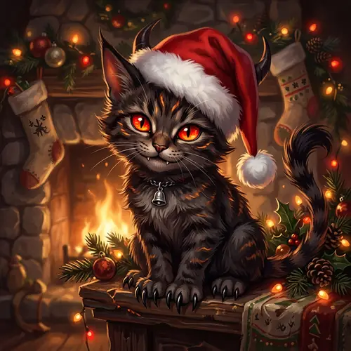 Festive Cat-like Demon with Red Eyes and Santa's Hat