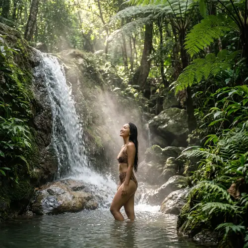 Tranquil Southeast Asian Girl Bathing Under Forest Waterfall
