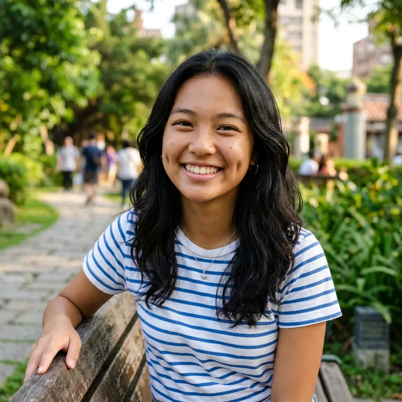 Smiling 17-Year-Old Asian Woman | Tan Complexion, Dimples & Black Hair