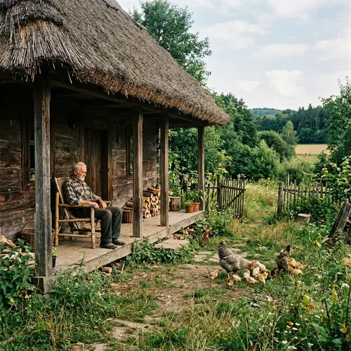 Aged Wooden House with Man Sitting on Porch | Rural Scene