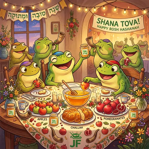 Whimsical Rosh Hashanah Illustration with Joyful Frogs
