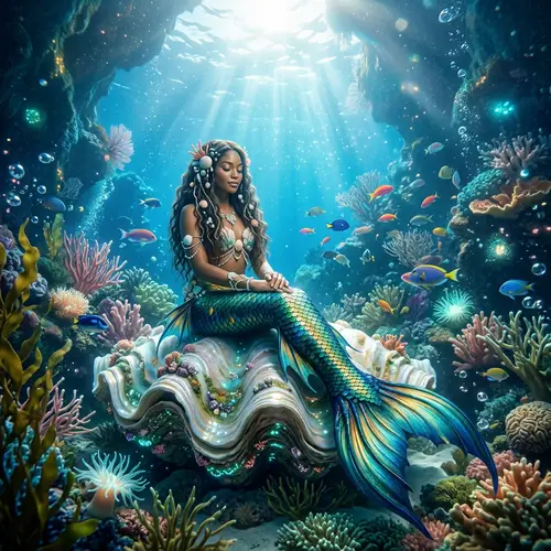 Enchanting Underwater Scene with Mermaid on Seashell