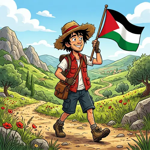 Cartoon Character with Black Unkempt Hair and Flag