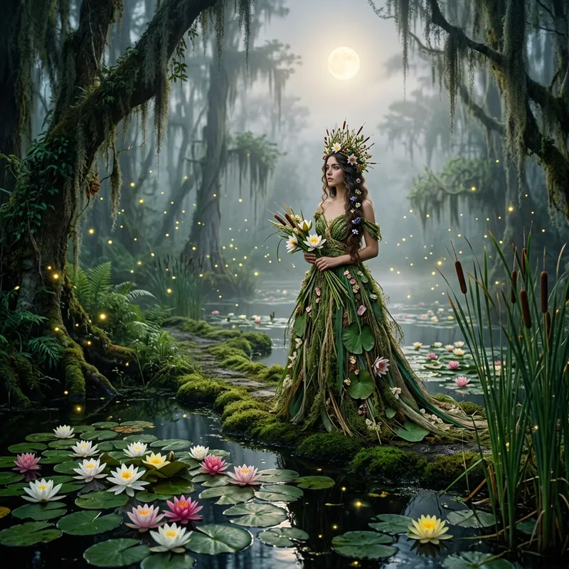 Enchanted Swamp Princess in a Dreamy Fairy Tale Setting