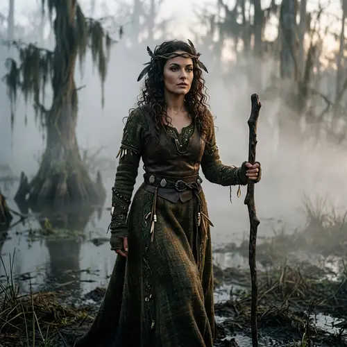 Mysterious Swamp Princess in Ethereal Garb Emerging from Fog