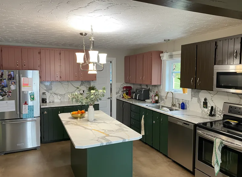 Chic Kitchen Design with Marble and Colorful Details