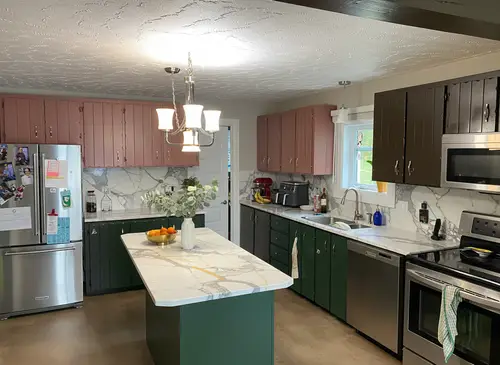 Chic Kitchen Design with Marble and Colorful Details