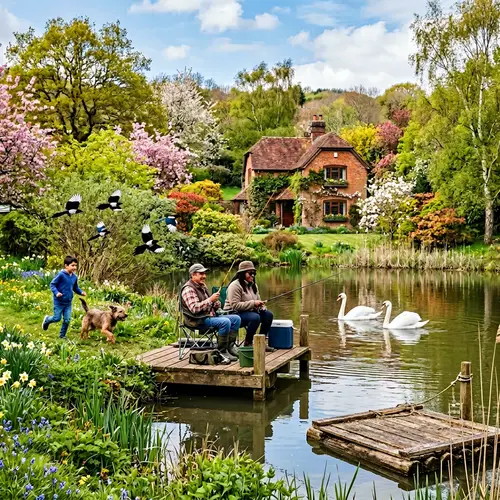 Tranquil Spring Scene with Fishermen, Swans, and Playful Dog