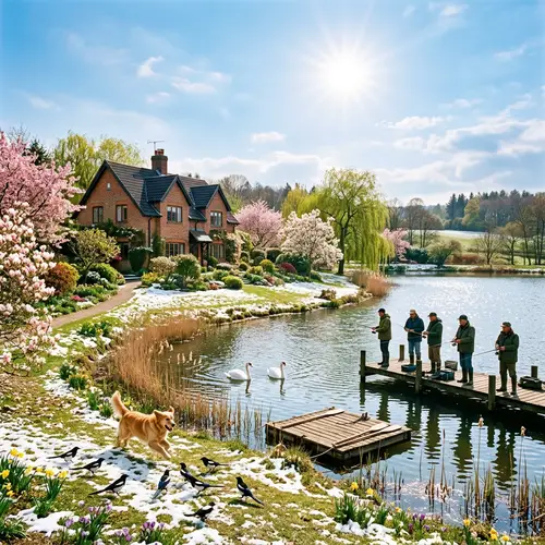 Tranquil Spring Scene: Brick House, Pond, Fishermen, Swans