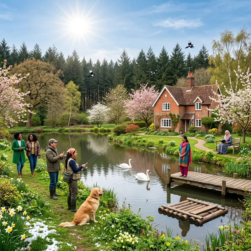 Radiant Spring Landscape with Charming Brick House, Swans, and Fishers