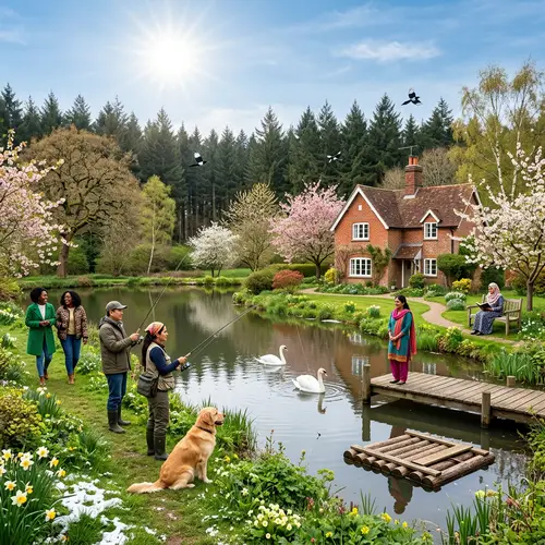 Charming Brick House in Spring Scenery with Swans and Fishers
