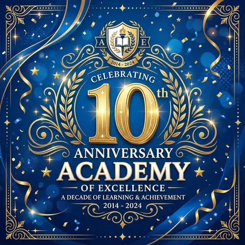 10th Anniversary Academy Celebration on Blue Background
