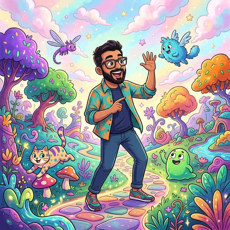 Colorful Cartoon Landscape with South Asian Man in Modern Glasses Colorful Cartoon Landscape with South Asian Man in Modern Glasses