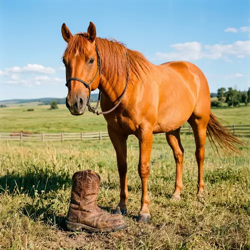Unique Orange Horse Beside a Rustic Boot
