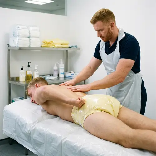 Muscular Man Getting Massage in PVC Diaper Brief