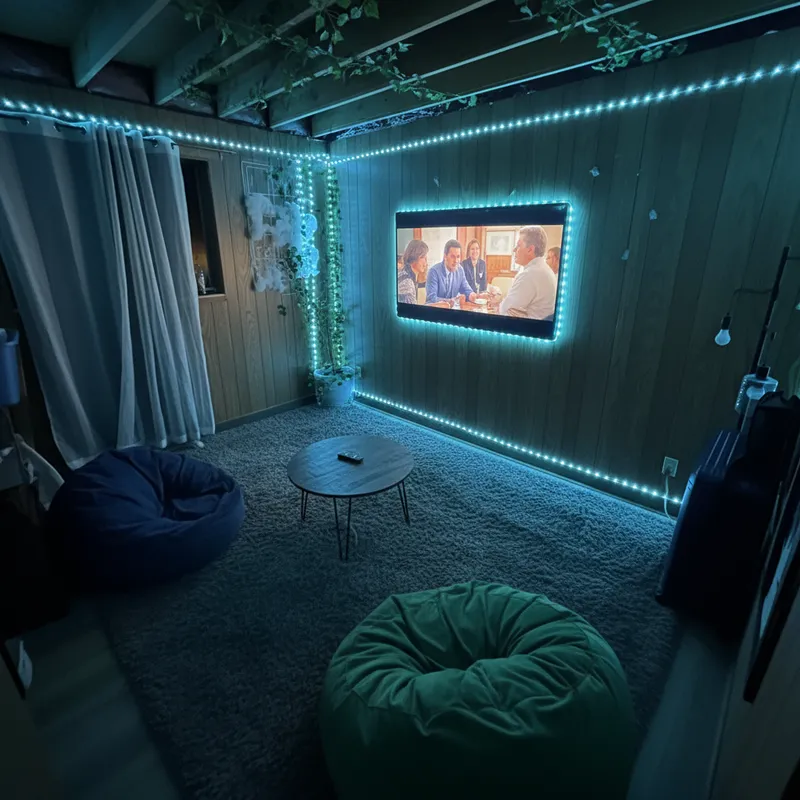 Cozy Living Room with LED Lights and Big TV