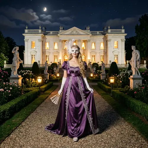 Elegant Regency Woman in Satin Gown at Night