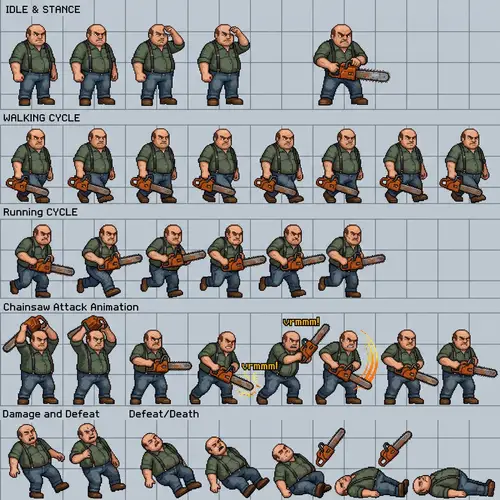 Fat Bald Man Killer with Chainsaw 2D Sprite Sheet