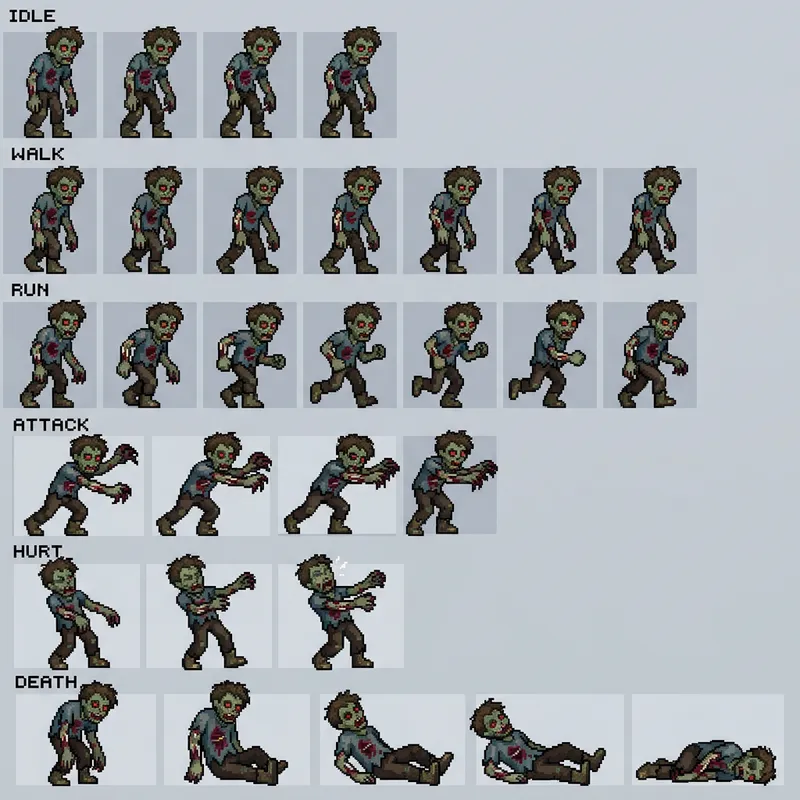 Zombie Pixel 2D Spritesheet - Unique Animations