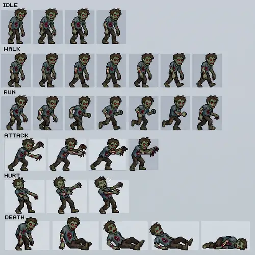 Zombie Pixel 2D Spritesheet - Unique Animations