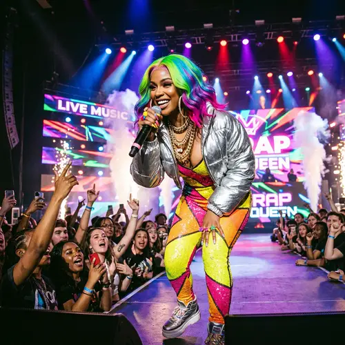 Female Rapper with Bold Style | Colorful Wigs & Outfits