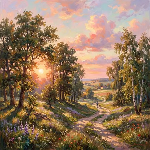 Impressionistic Sunset Landscape Painting with Pastel Colors