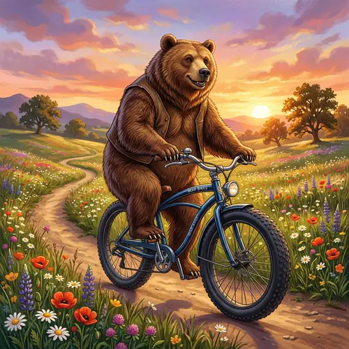 Majestic Brown Bear Riding Bicycle Through Blooming Landscape
