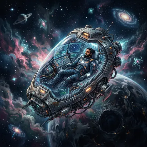 South Asian Man in Creocapsule: Celestial Artwork | P.E.C.1.0