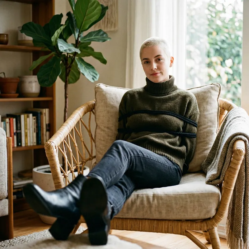Blond Buzz Cut Woman in Rattan Chair