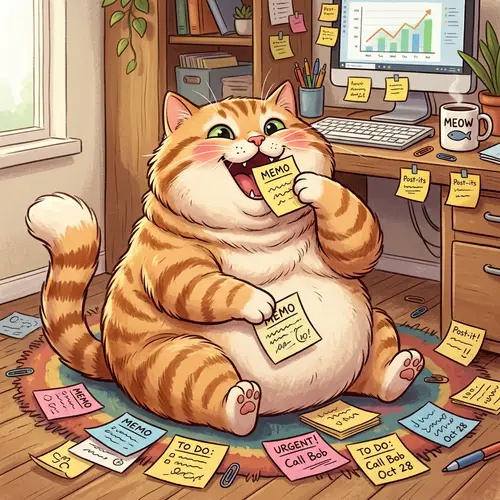 Chubby Cat Enjoys Eating Memos in a Whimsical Office