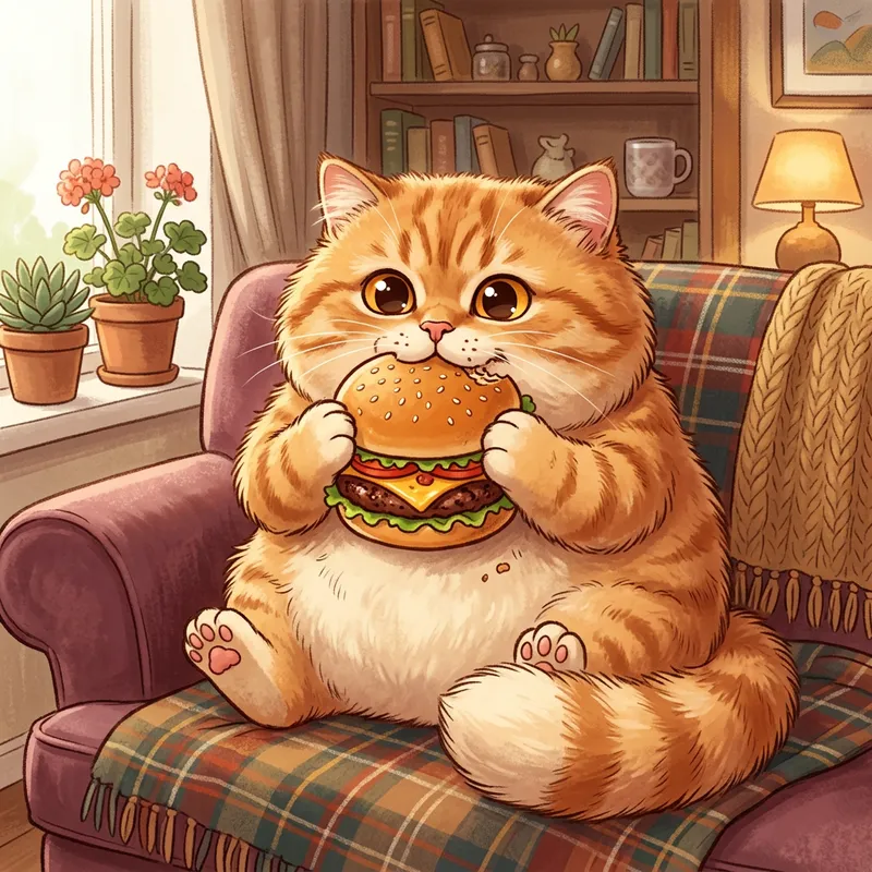 Chubby Ginger British Cat Enjoying a Burger
