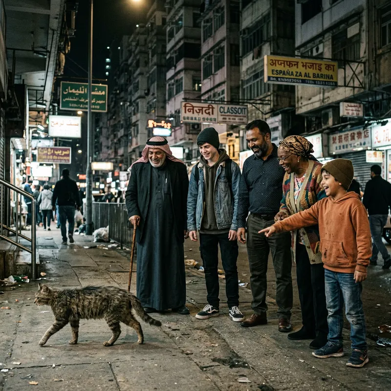 Cinematic Street Scene: Amused Onlookers at Thin Cat Cinematic Street Scene: Amused Onlookers at Thin Cat