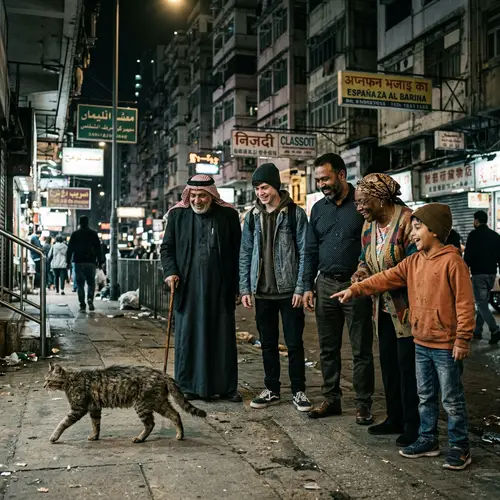 Diverse Group on City Street Amused by Thin Cat Scene