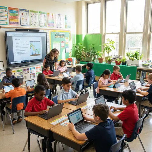 Modern Elementary Classroom with Diverse Students & Green Corner