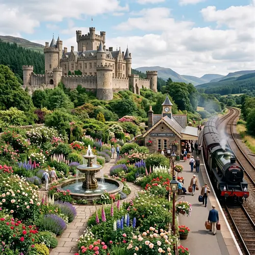 Majestic Castle Garden with Vibrant Flowers, Fountain, and Railway Station