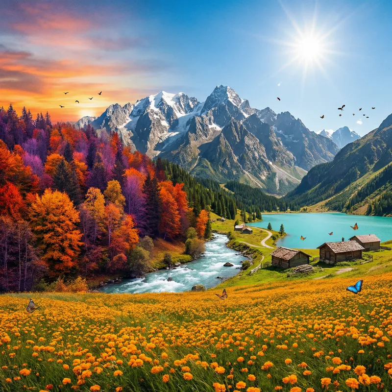 Vibrant Landscape: Forest, Mountains, River, Lake & Flowers