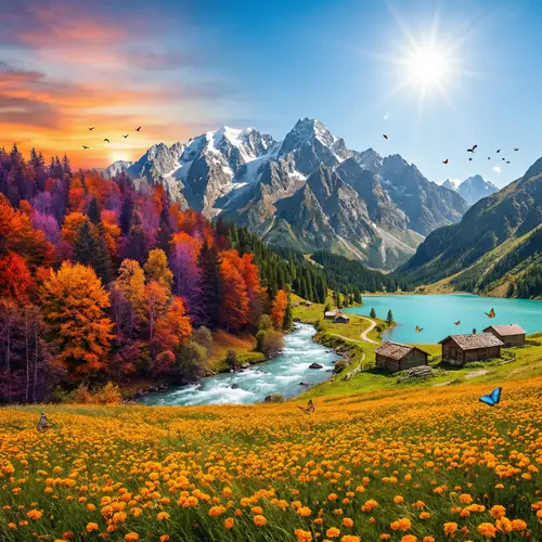 Serene Landscape: Forest, Mountains, River, Lake & Flowers