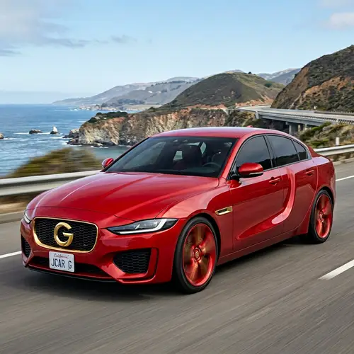 Unique 'J' Shaped Sedan Car with 'G' Logo in Glossy Red