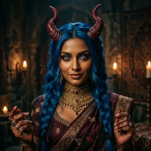 Enigmatic South Asian Demon with Blue Hair and Red Horns