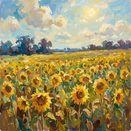 Vibrant Sunflower Field, Impressionist Painting