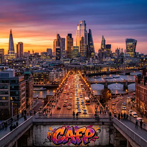 Vibrant City Skyline with CAFP Word Art | Urban Twilight Scene